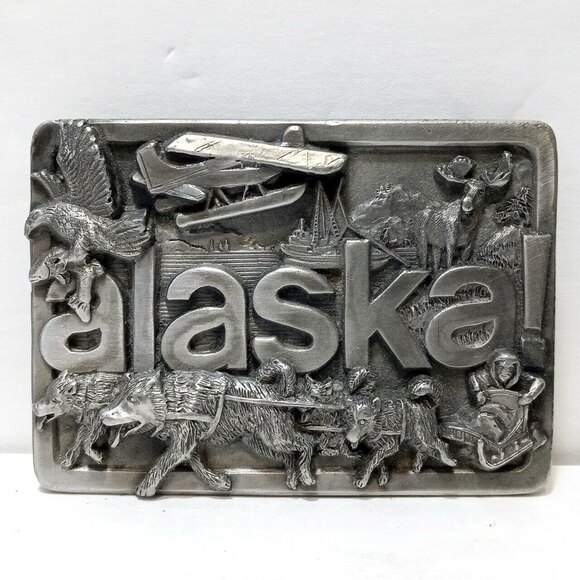 Vintage 1984 Alaska Embossed Pewter Metal Belt Buckle - Picture 1 of 5